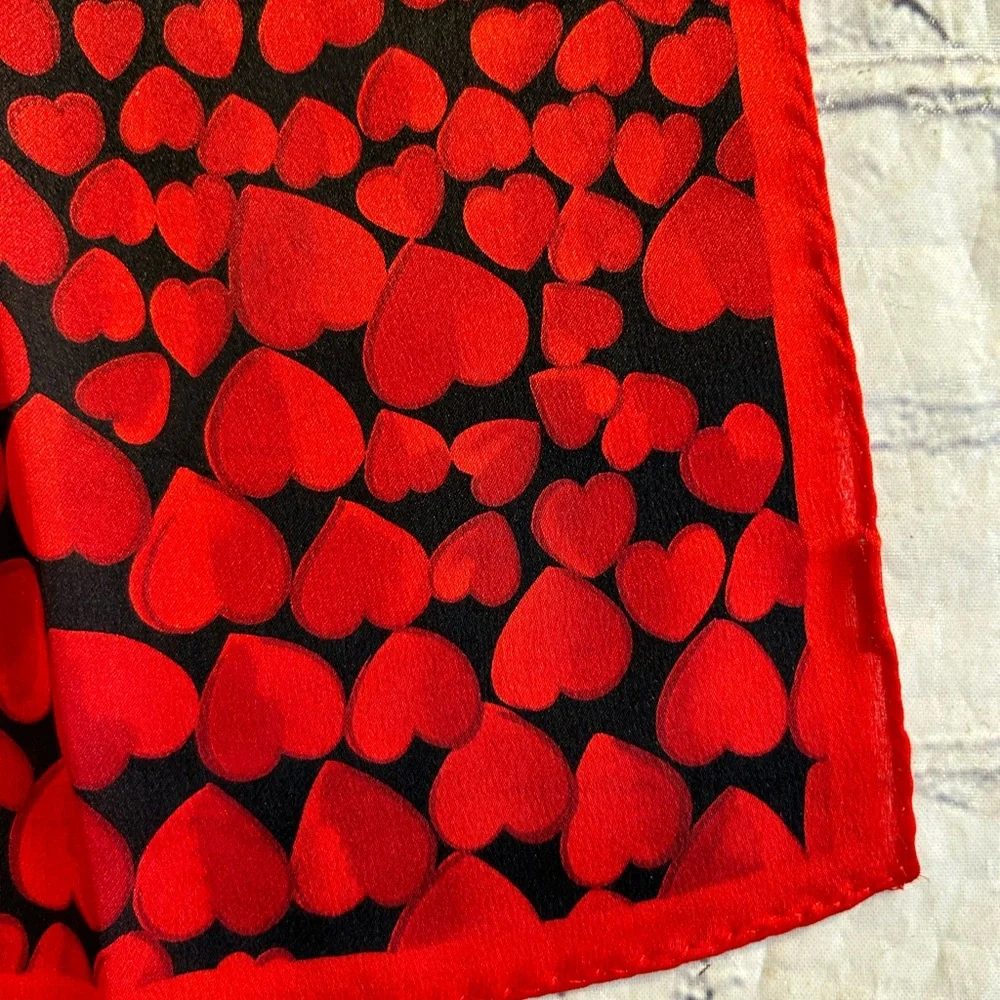 RED HEARTS ON BLACK BACKGROUND SILK SMALL SQUARE SCARF - Picture 4 of 6